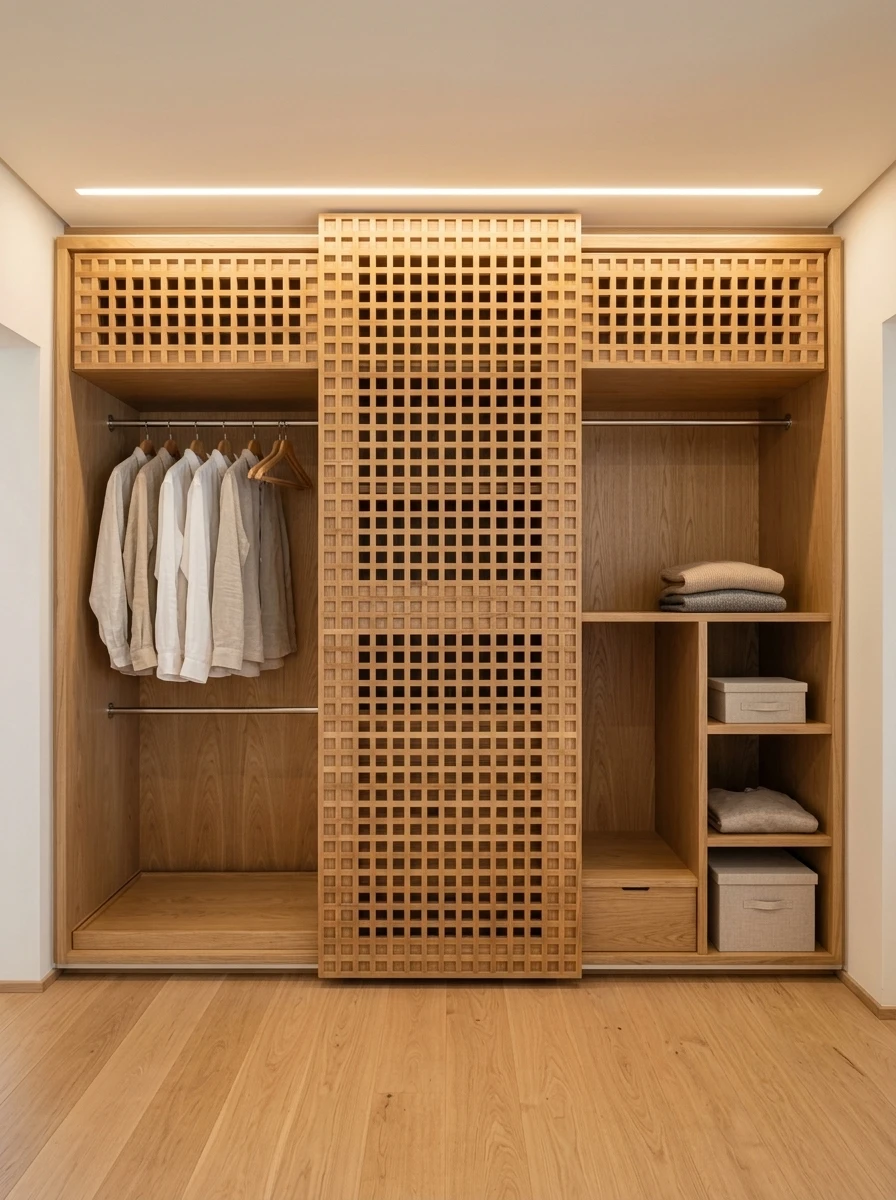 Closet em madeira clara com porta de correr em treliça e nichos abertos
